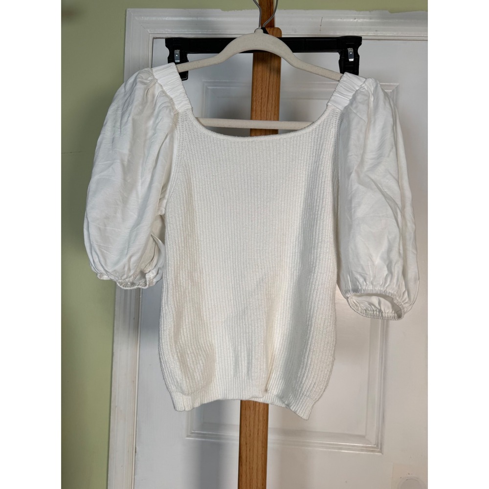 On Twelfth White Ribbed Knit Puff Sleeve Square Neck Sweater Top Medium